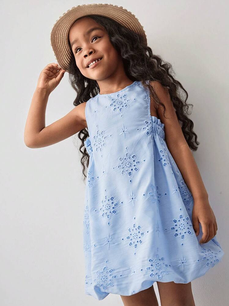 Maija Kids Maija Kids Young Girl Simple Casual Fashion Sleeveless Cinched Waist Hollow Embroidered Mini Dress For Outing, Home, Vacation, Everyday Wear, Spring/Summer Holiday Outfits | SHEIN