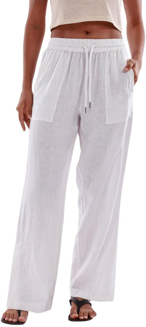 Amazhiyu Womens 100% Linen Wide Leg Elastic Lounge Pants Side Slit with Pockets | Amazon (US)