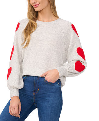 Women’s Valentine's Crewneck Heart-Print Raglan Long-Sleeve Sweater | Macy's