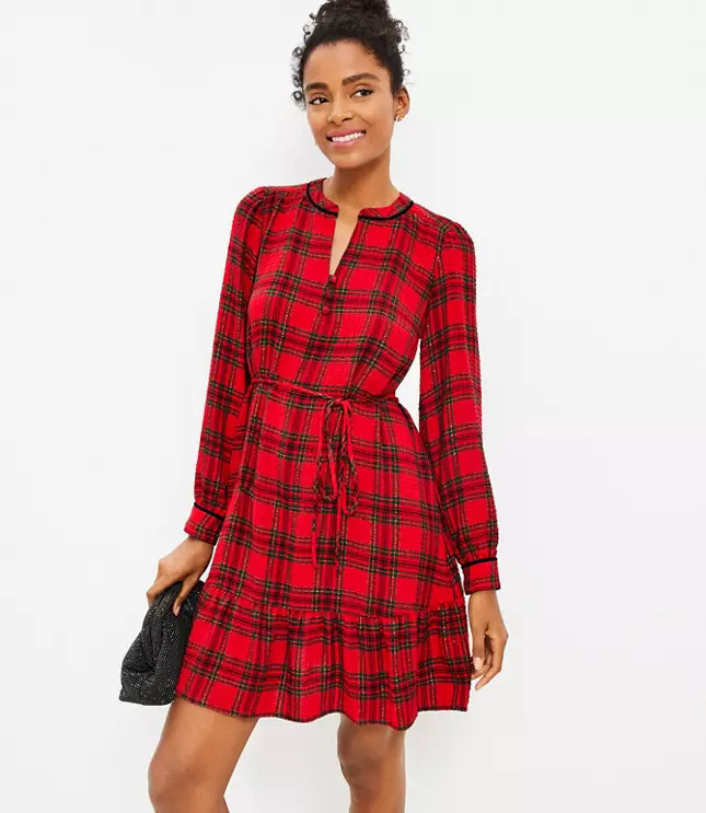 Shimmer Plaid Flounce Swing Dress | LOFT