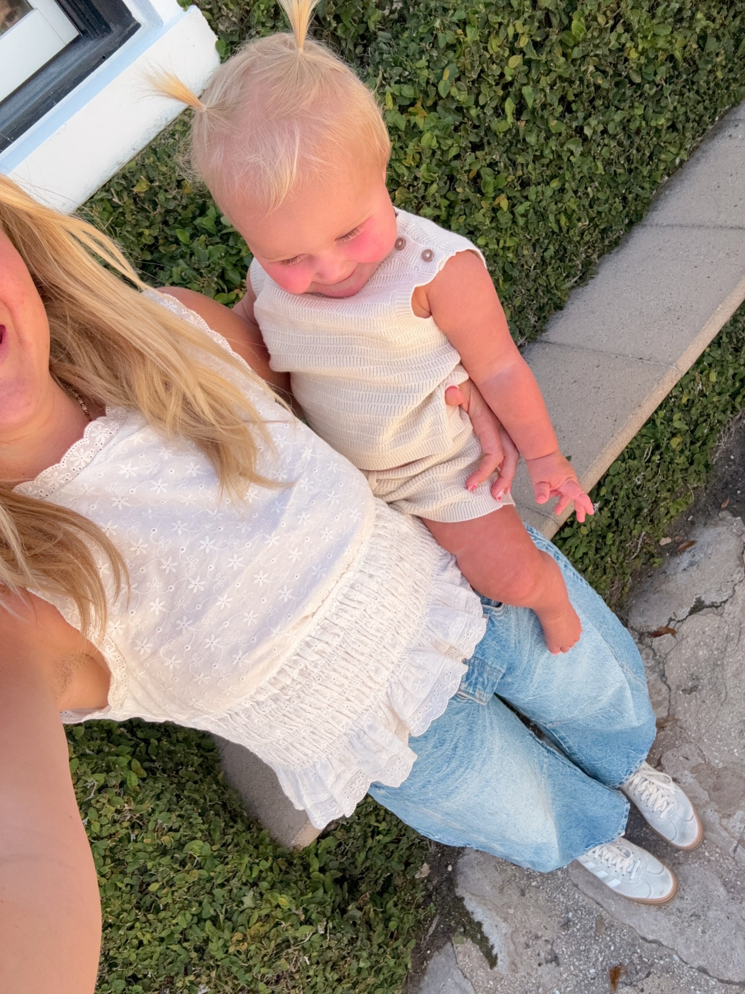 Mom and baby girl neutral spring outfit inspo! I am obsessed with these barrel jeans from free people and my go to adidas shoes and my babies knit set from Target 

#LTKFamily #LTKSeasonal #LTKBaby