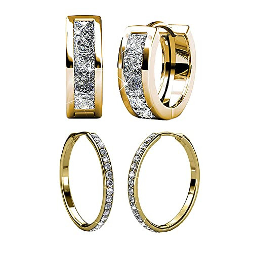 Cate & Chloe 18k Yellow Gold Hoop Earrings with Crystals Value Bundle - 2 Pairs - Giselle & Bianca | Amazon (US)