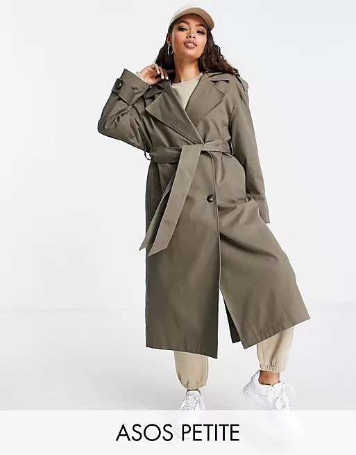 ASOS DESIGN Petite trench coat with hood in stone | ASOS (Global)