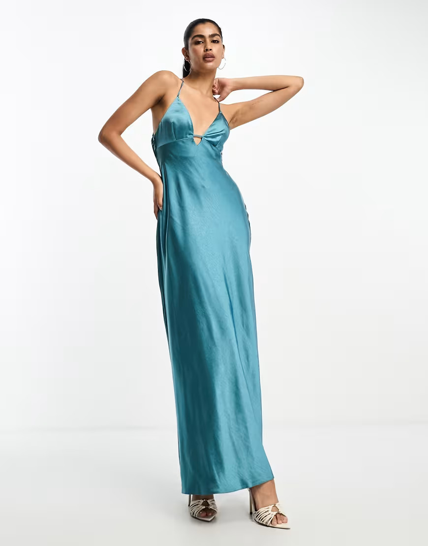 ASOS DESIGN textured satin cami maxi slip dress with bar detail in steel blue | ASOS (Global)