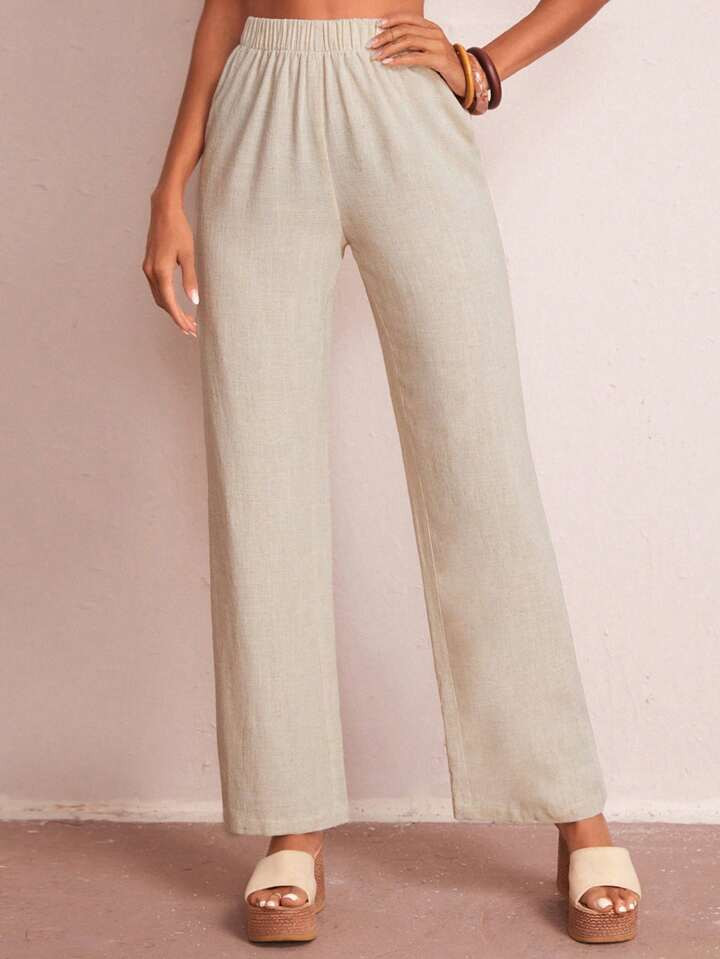 SHEIN LUNE Elastic Waist Solid Wide Leg Pants | SHEIN