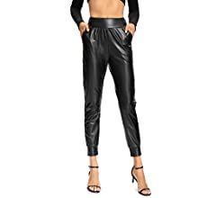 Foucome Womens Faux Leather Pants Elastic Waisted Casual Trousers | Amazon (US)