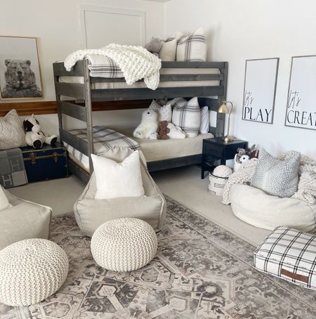 H O M E \ the one seconds the kids play / bunk room is clean😝 Added some new nightstands and lamps from Target as well as cozy winter bedding!👌🏻

Bedroom home decor 
Pottery barn bedding
Amazon 

#LTKhome