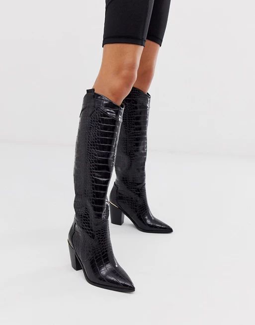 ASOS DESIGN Catch Up western pull on knee boots in black croc | ASOS US