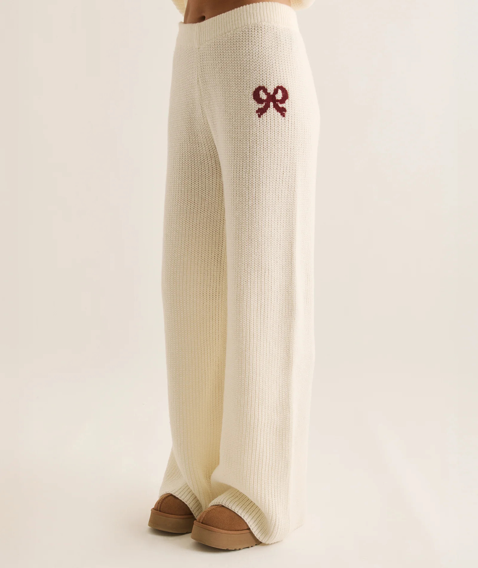 Embroidered Bow Knit Straight Leg Trousers | Six Stories