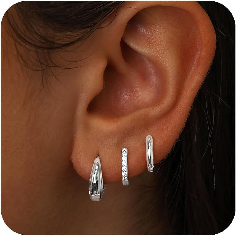 Small Sterling Silver Hoop Huggie Earrings Set for Women, 925 Stud Earring for Multiple Piercing ... | Amazon (US)