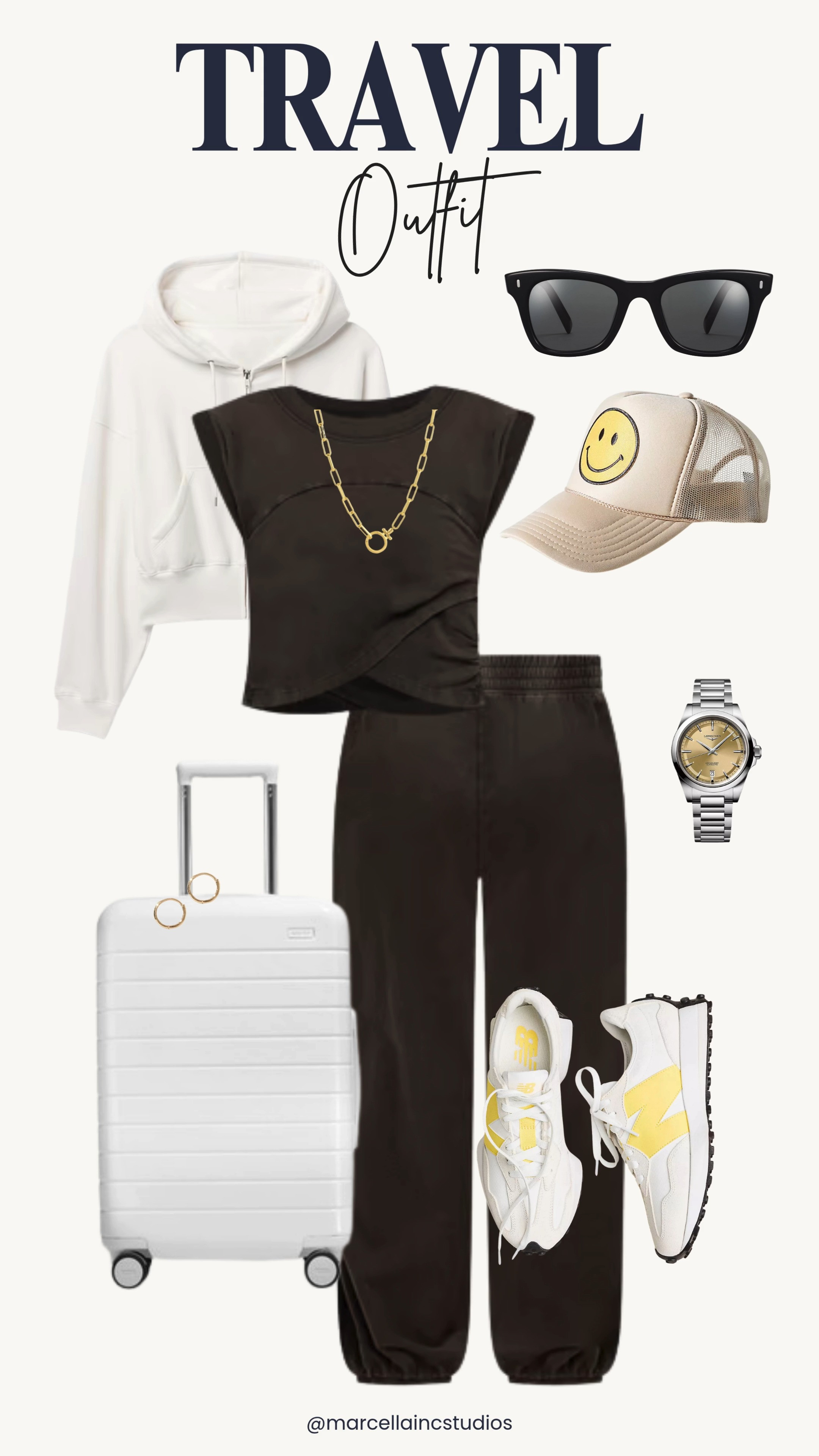 My airport travel outfit forumla for long flights:  Hoodie, FP Set, New Balance and elevate the look with gold accessories and crisp white Away luggage. #traveloutfit #awayluggage #bestluggage #freepeople #matchingset #ltkstyletip 

 #LTKootd #LTKActive #LTKTravel