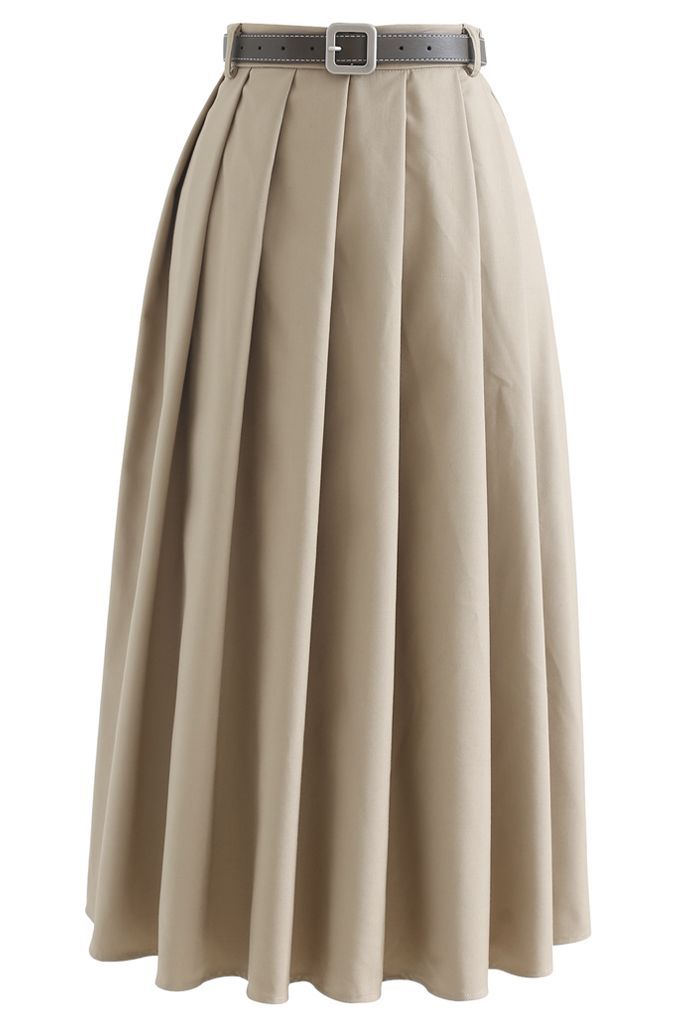 Classic Belted Pleated Midi Skirt in Tan | Chicwish