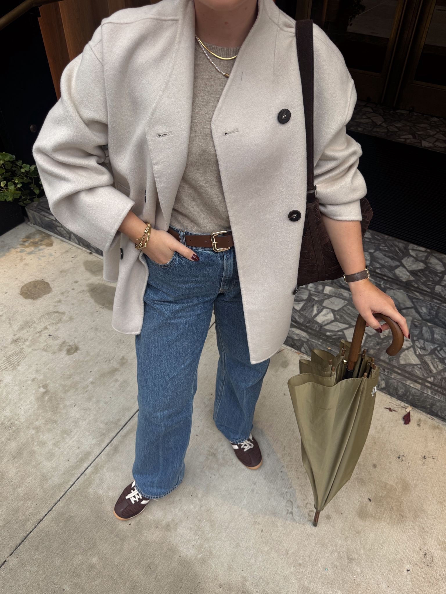 Autumn New York City outfit inspiration - mint velvet light beige scarf coat, short sleeve beige knit jumper, mango brown belt, Abercrombie blue straight leg jeans, adidas brown trainers, mint velvet brown suede woven sling bag  

#LTKuk #LTKstyletip #LTKautumn