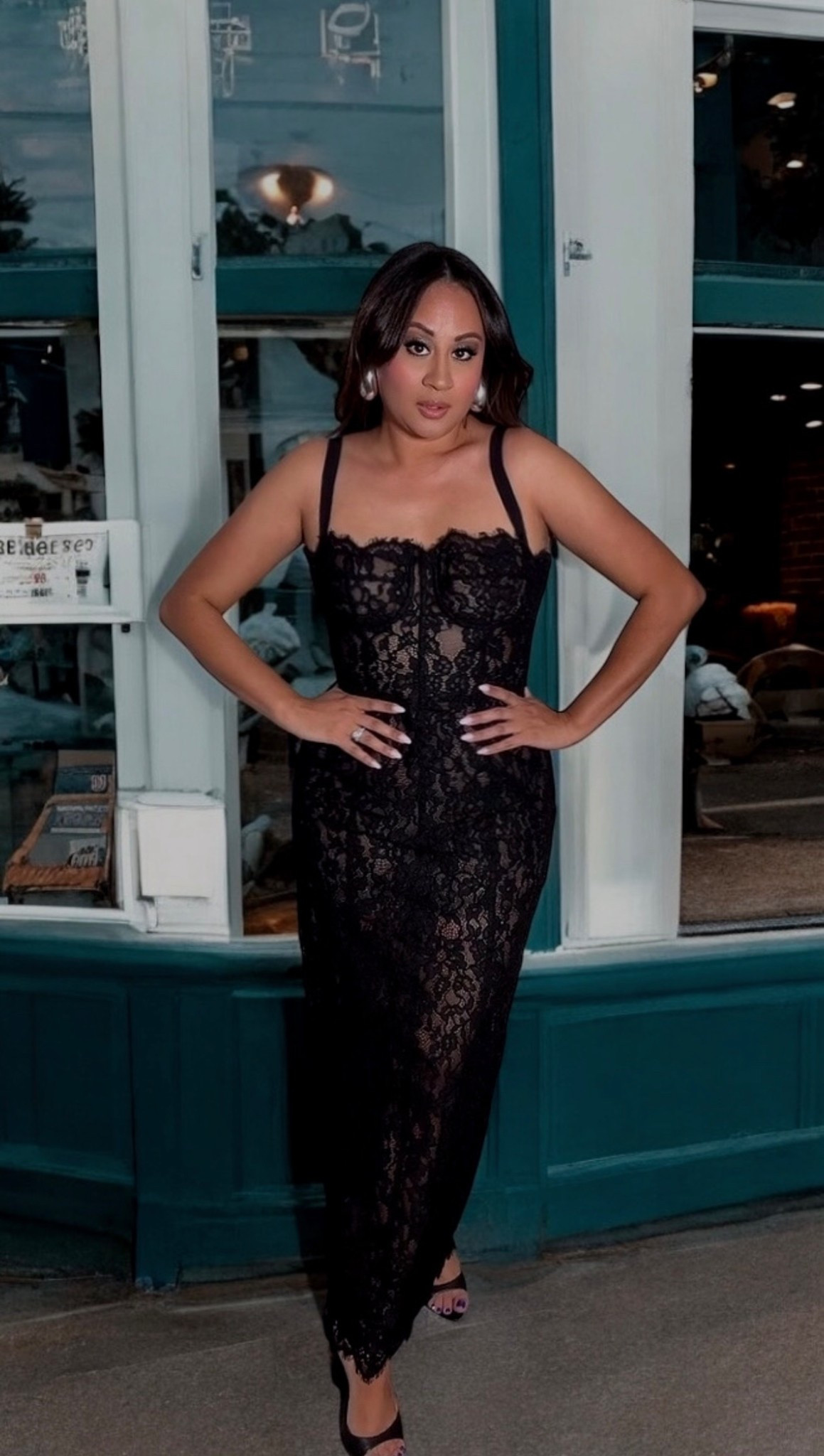 Helsa column dress in black lace - no lining! But cute nude shorts matching my exact skin color work for me. I also used chuletas lol aka silicone sticky bra .. 

#LTKSeasonal #LTKWedding #LTKParties