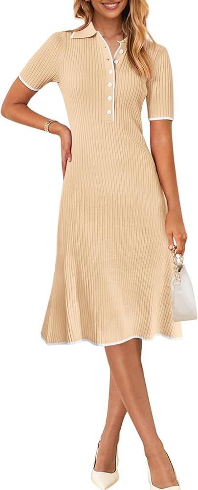 MEROKEETY Women's V Neck Ribbed Knit Midi Dress Short Sleeve Button Elegant Bodycon Sweater Dress... | Amazon (US)