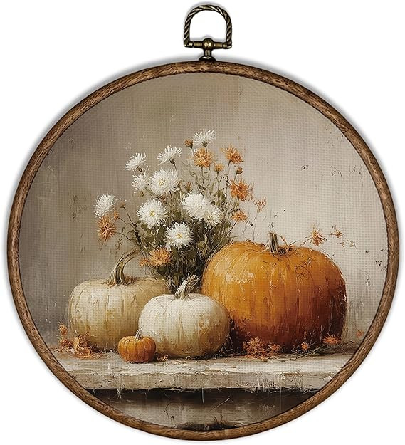 XBBMGG Vintage Fall Pumpkin Wall Art Decor, Farmhouse Autumn Floral Round Wall Hanging Decor, Tha... | Amazon (US)