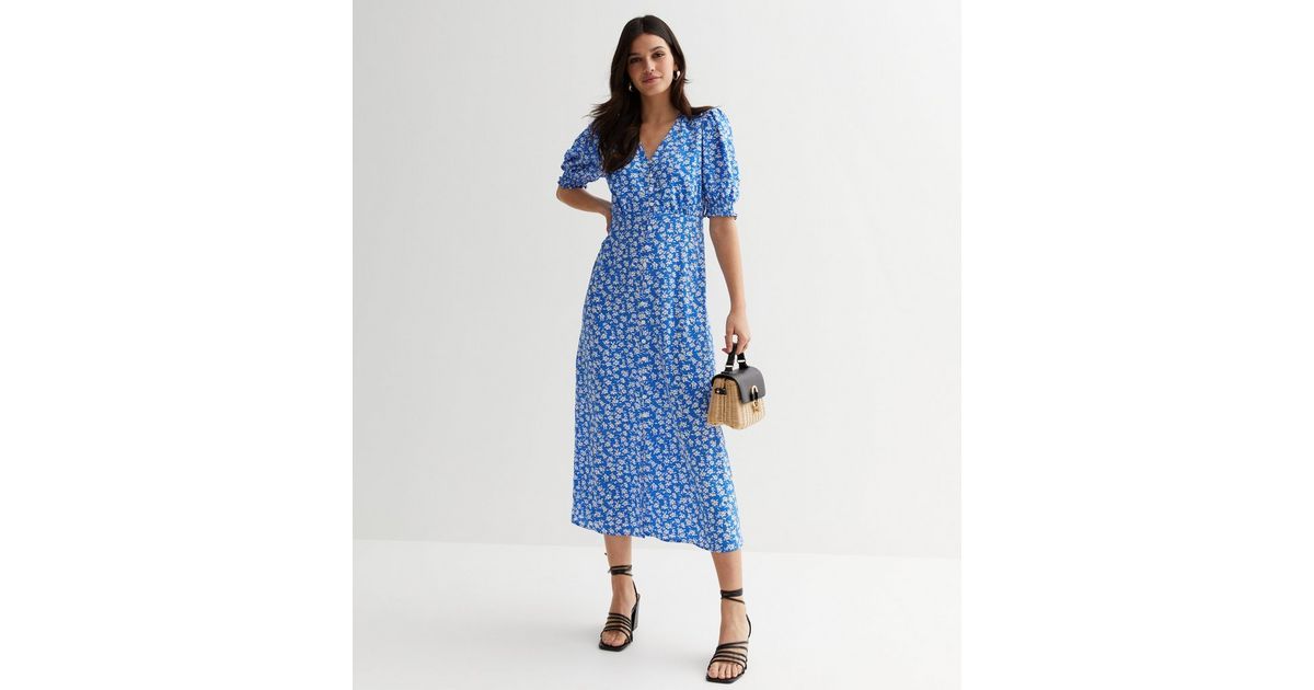 Cameo Rose Blue Floral V Neck Button Front Midi Dress
						
						Add to Saved Items
						Remov... | New Look (UK)