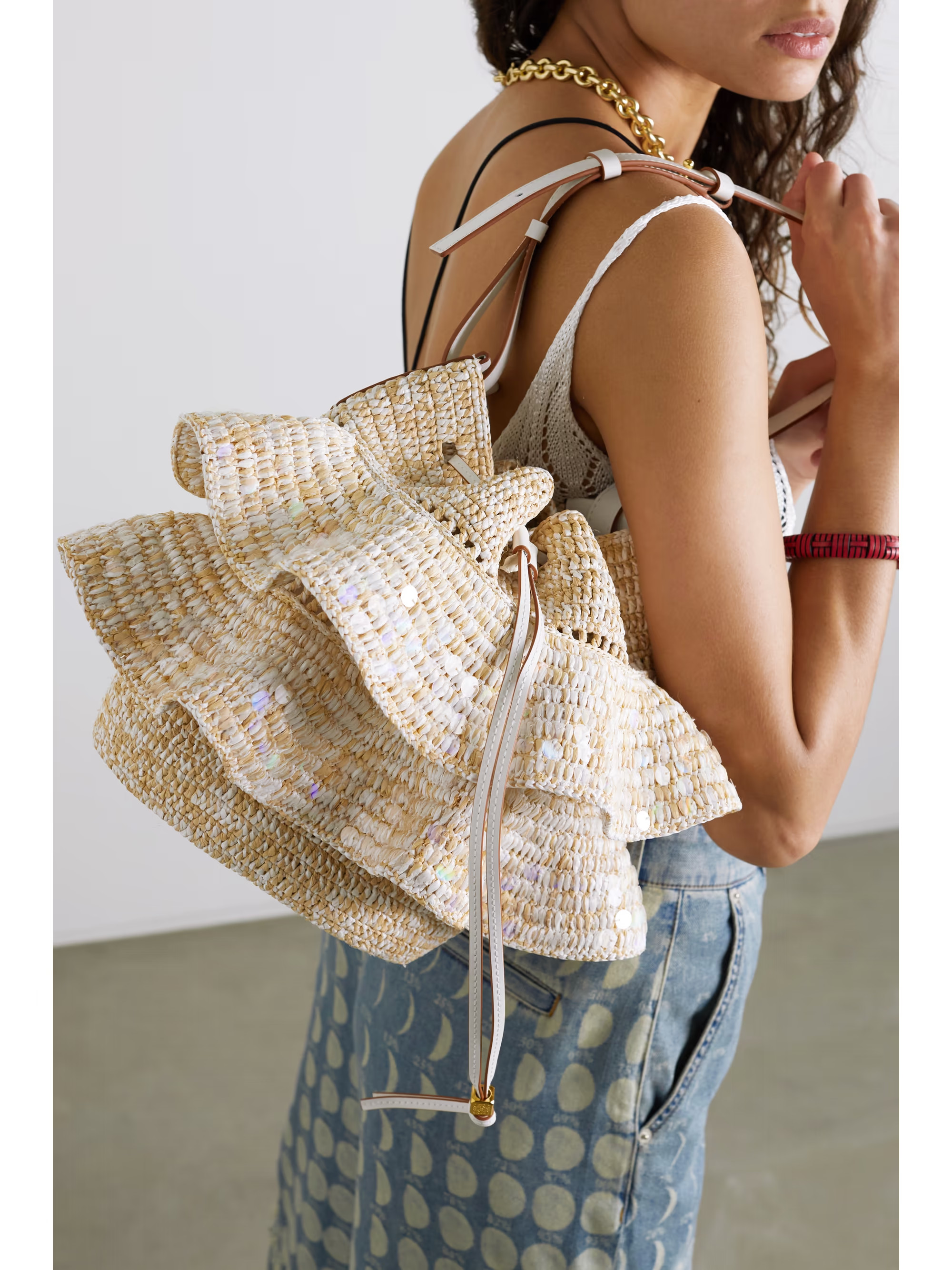 + Paula's Ibiza Balloon ruffled leather-trimmed sequined raffia bucket bag | NET-A-PORTER (US)