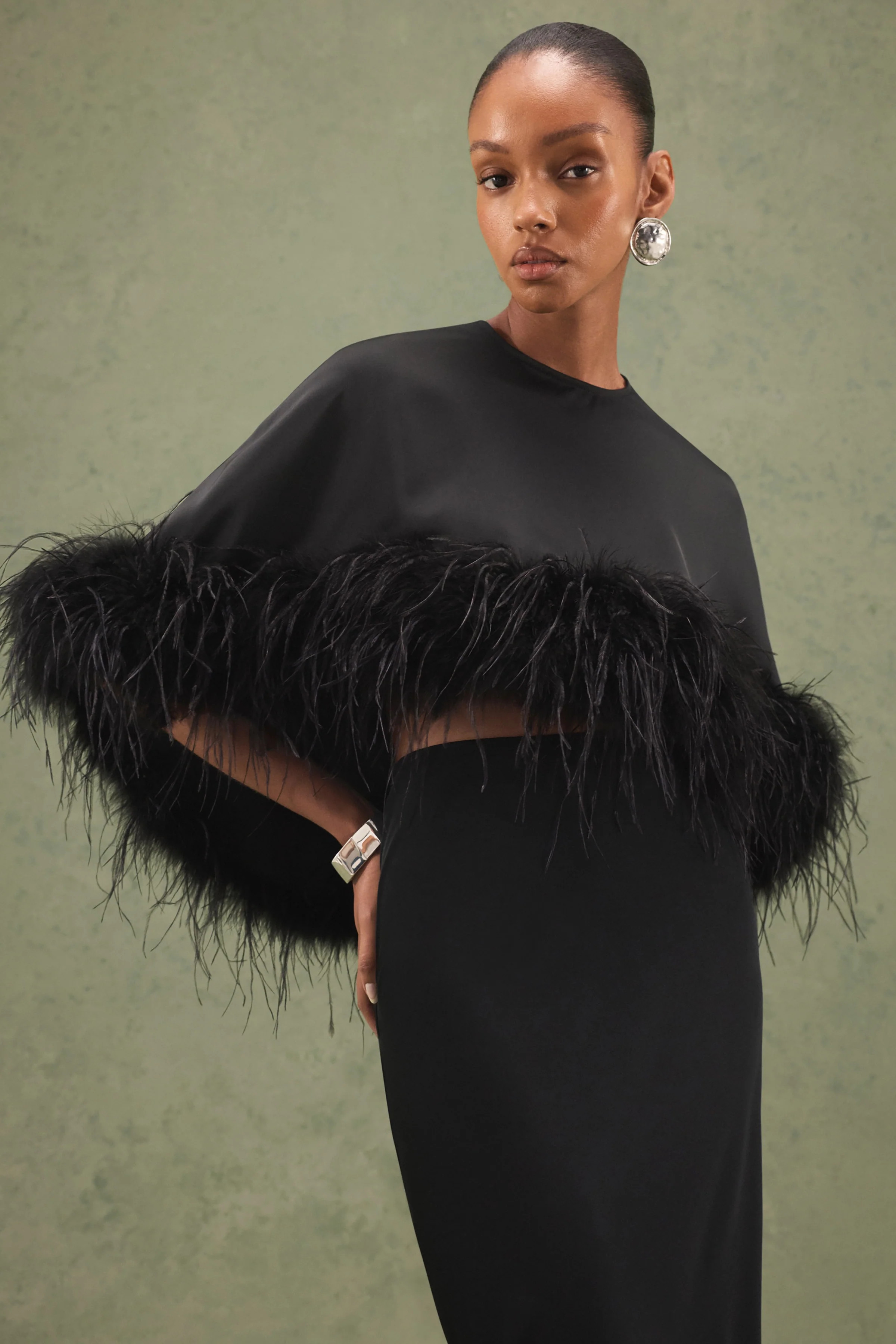 Tervessa | Black Satin Wide-Neck Cape | Club L London