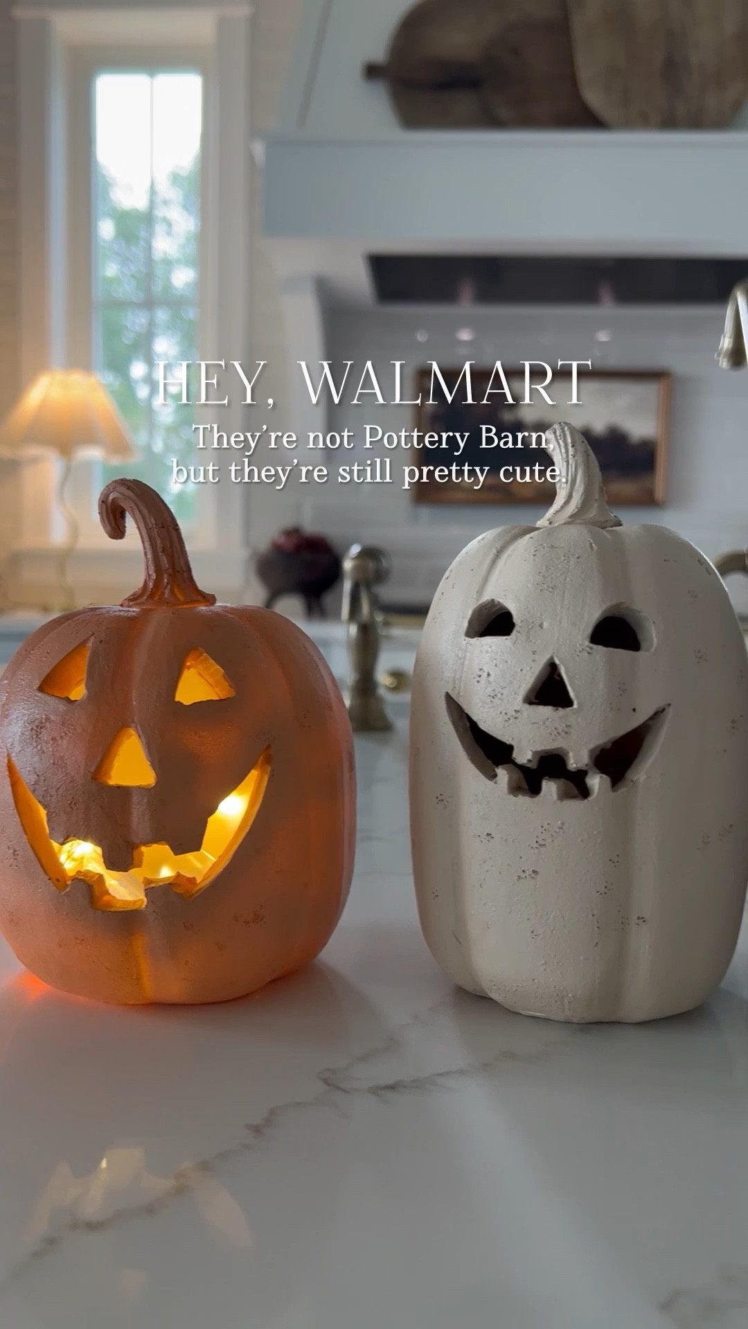 These jack-o’-lanterns are advertised as similar to Pottery Barn on Walmart. They are not, but they’re still pretty cute! They are a resin material, come with battery string lights and are available in three colors. The size is smaller so suitable for counter, table and shelf styling  

#LTKFindsUnder50 #LTKSeasonal #LTKHome