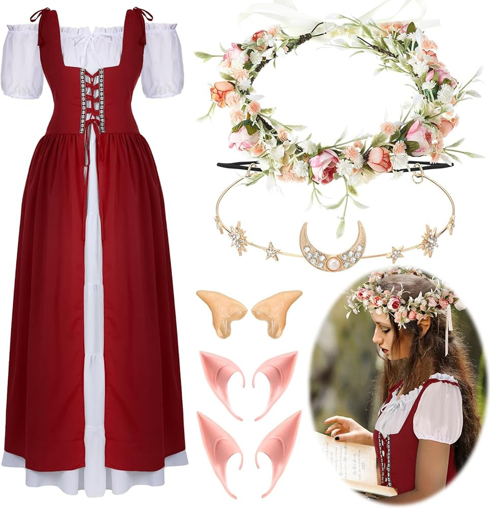 Bonuci Women Renaissance Dress Medieval Costume Women with Elf Ears, Moon Head Chain and Woodland... | Amazon (US)