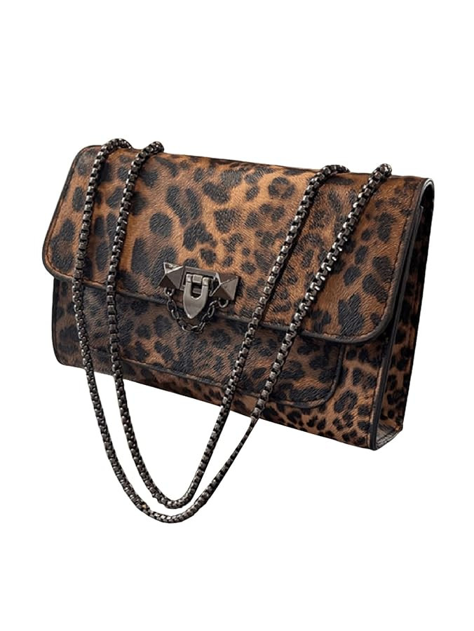 Women's Leopard Print Chain Shoulder Bag Metal Buckle Handbags Leather Clutch Purse | Amazon (US)