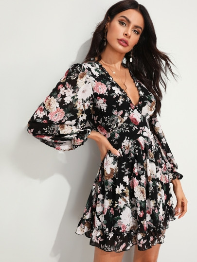Frill Plunging Neck Backless Ruffle Hem Floral Print Dress | SHEIN
