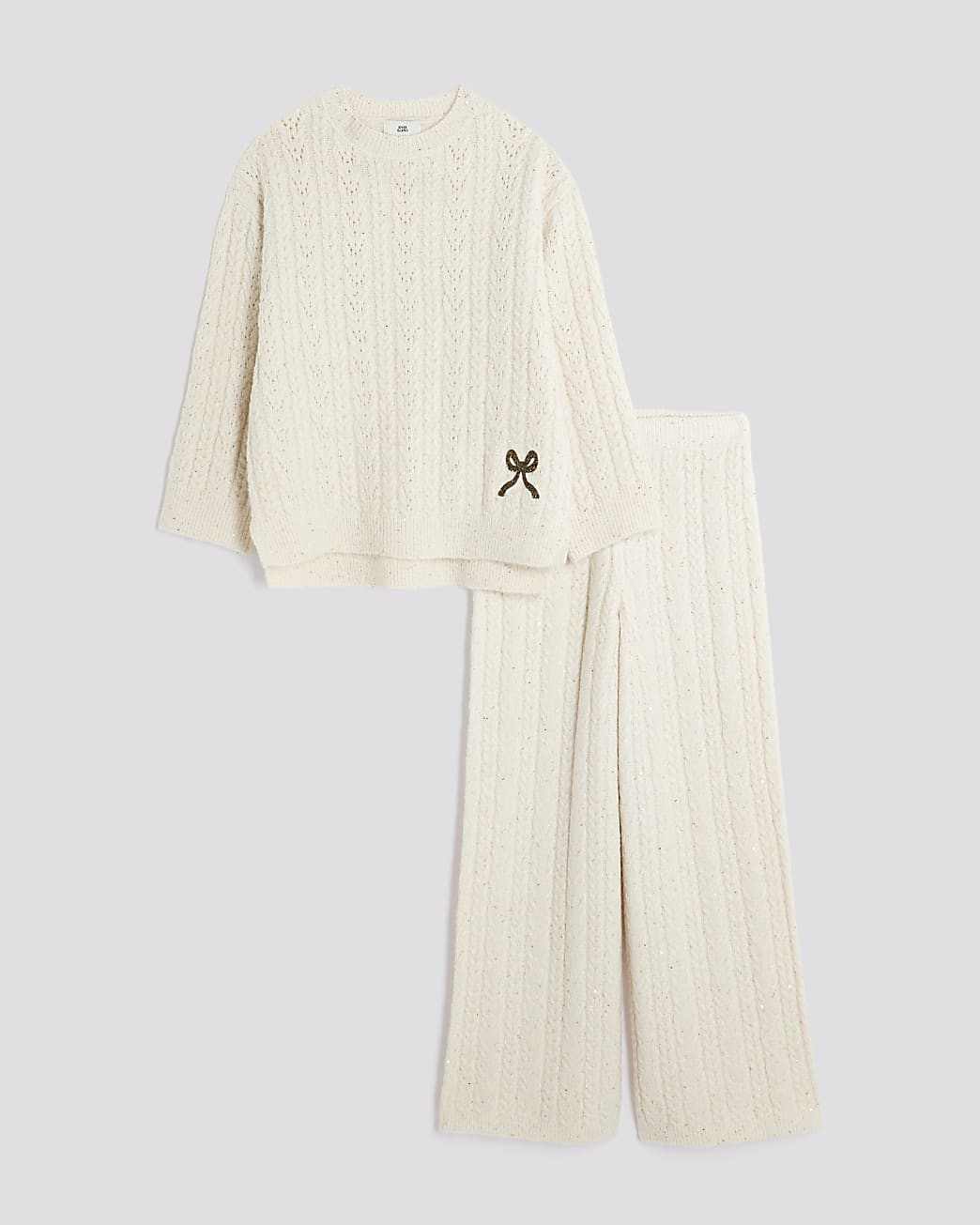 Girls Cream Cable Knitted Bow Wide Leg Set | River Island UK & IE