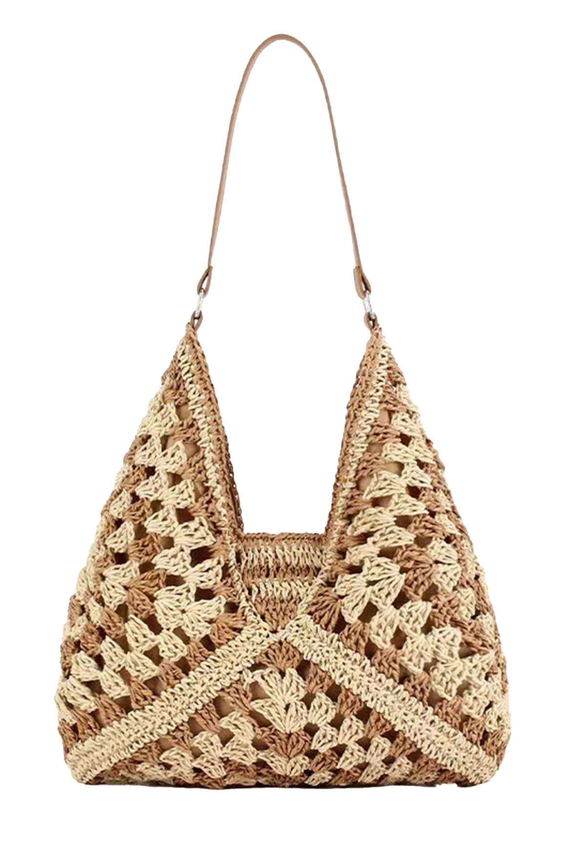 Hollow Out Braided Straw Bag in Khaki | Chicwish