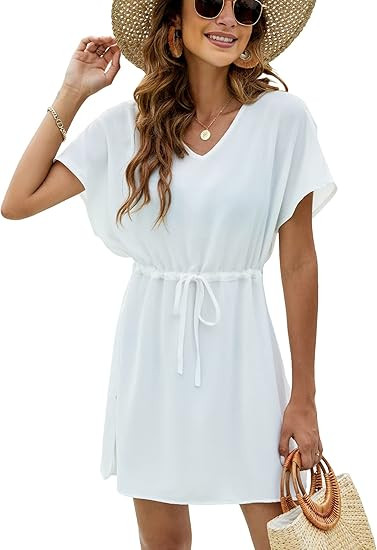 Bluetime Women Casual Sexy Swim Cover up V-Neck Summer Beachwear Coverups Flowy Short Sleeve Mini... | Amazon (US)