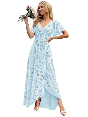 HYKDC Light Blue Chiffon Floral Bridesmaid Dresses for Women Pleated Formal Gown Twisted Empire Waist Wedding Guest Dress Size 2 | Amazon (US)