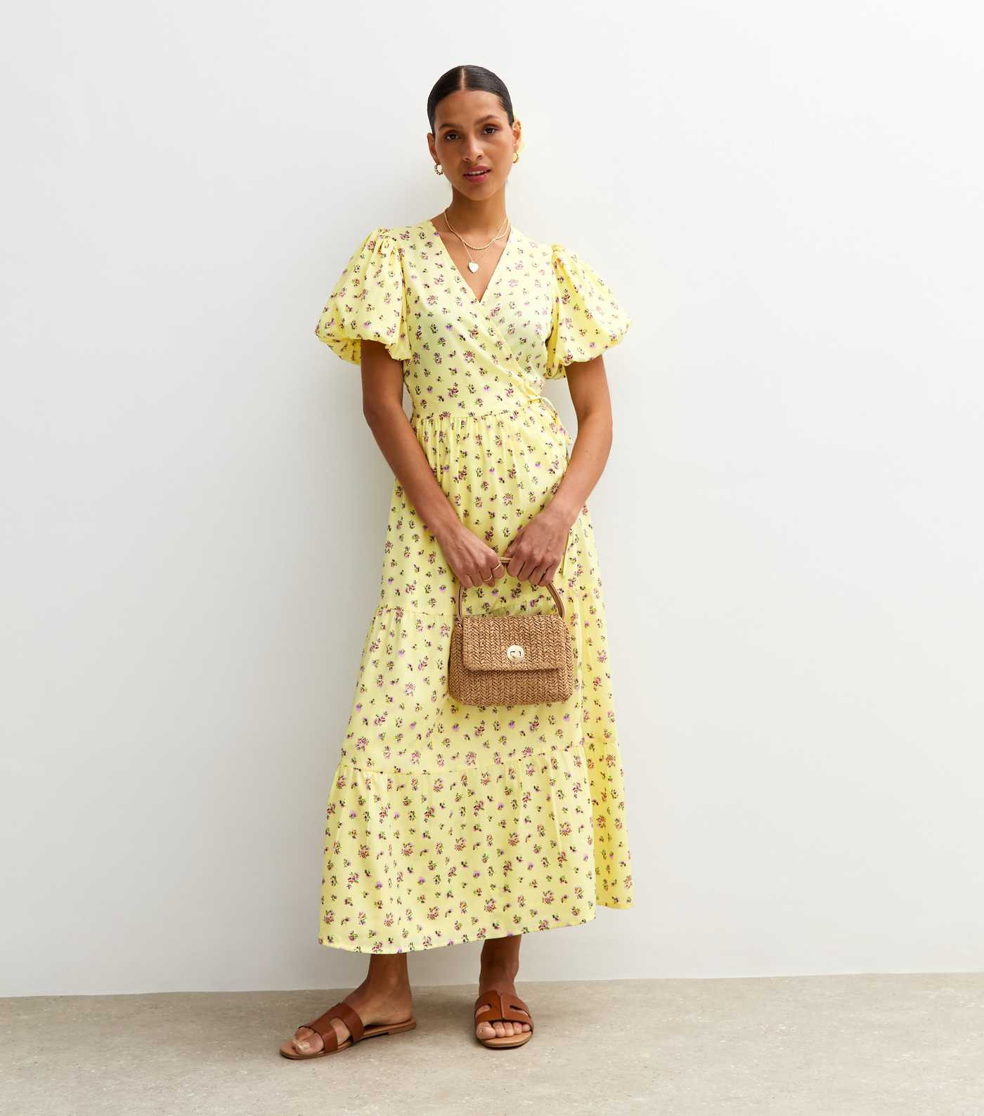 Yellow Floral Print Tiered Wrap Dress | New Look | New Look (UK)