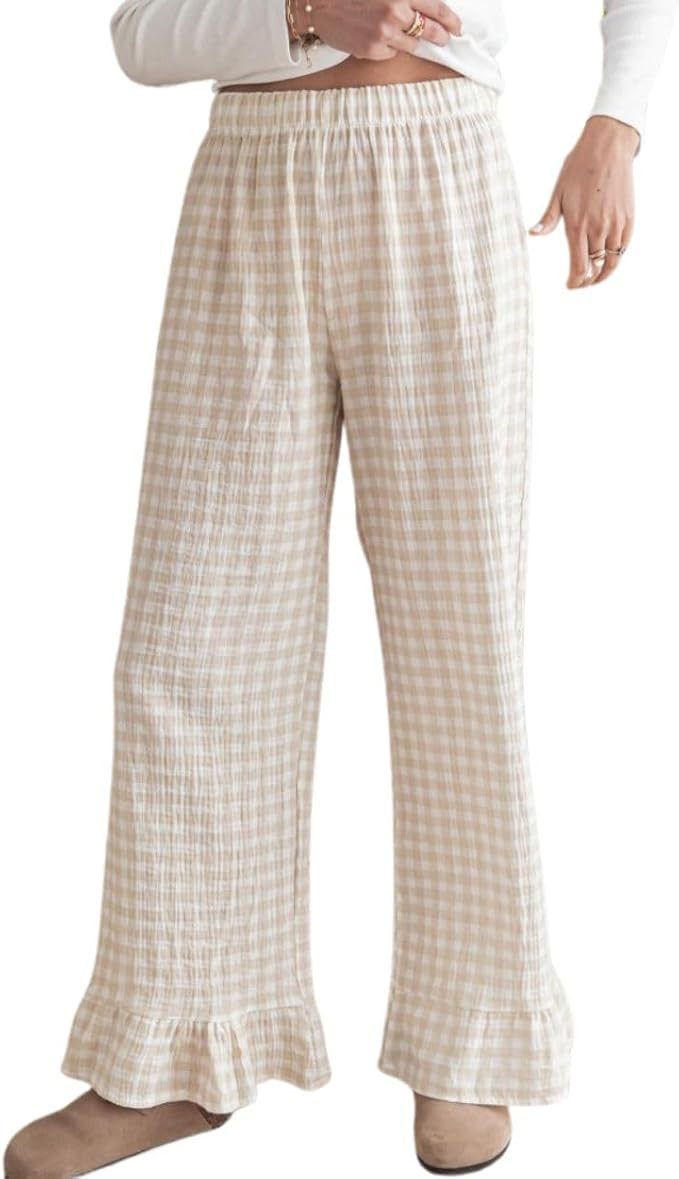 Womens Gingham Check Pants Y2K Bow Tie Side Split Wide Leg Lounge Pants | Amazon (US)