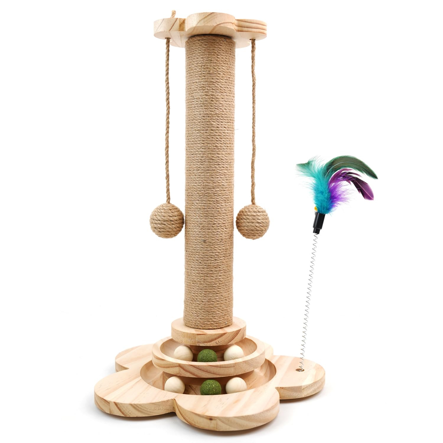 Cat Scratching Post, 4 in 1 Wooden Cat Scratcher Toy, 18.11" Tall Scratch Post with 2 Level Cat T... | Amazon (US)