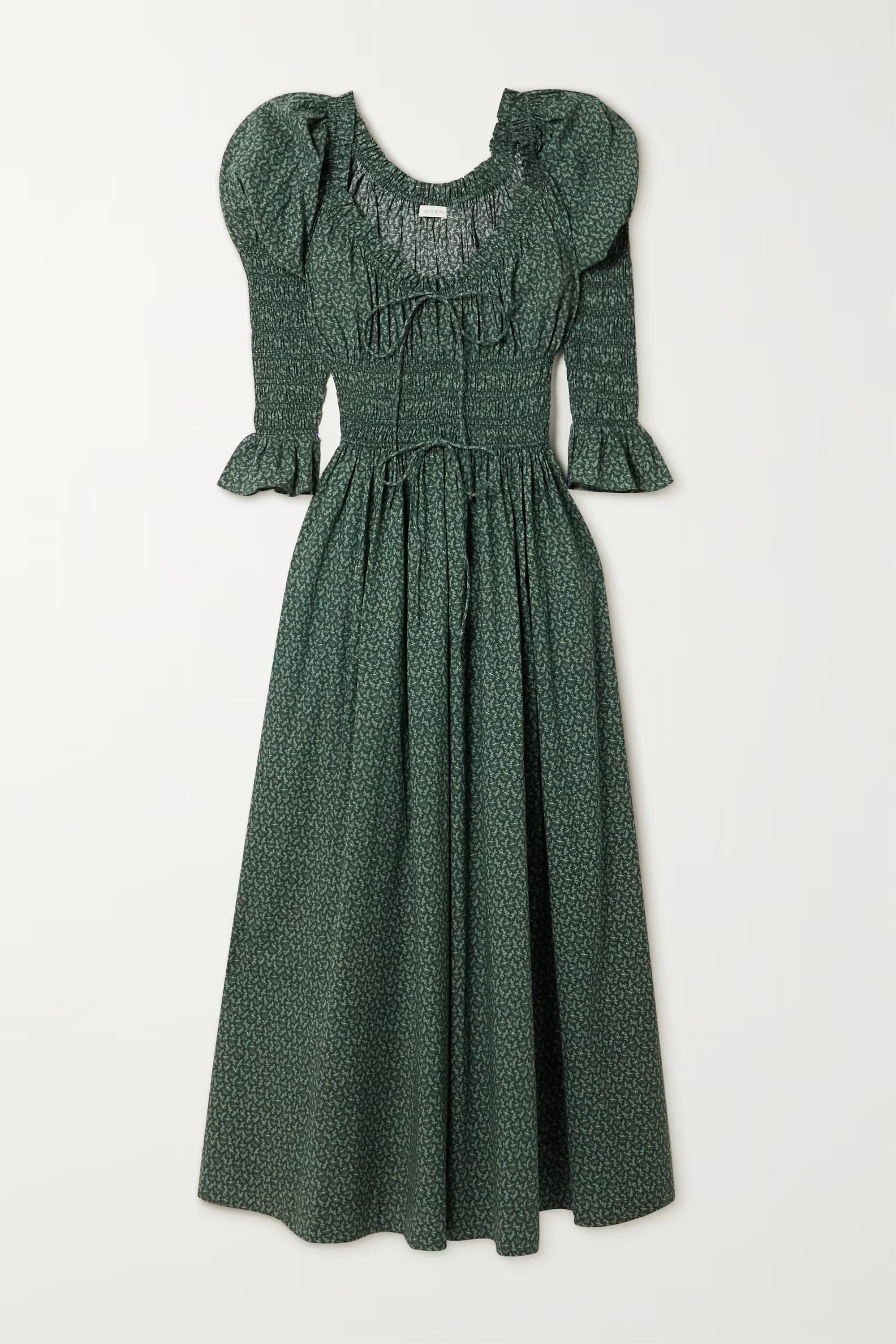 Green Kaira smocked printed organic cotton-voile midi dress | DÔEN | NET-A-PORTER | NET-A-PORTER (US)