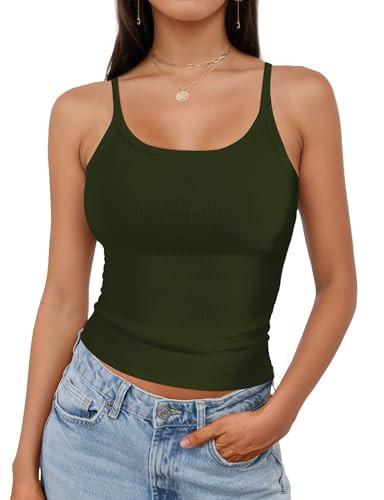 Tank Tops for Women, Scoop Neck Ribbed Basic Tank Tops, Women Slim Knit Basic Summer Tops Going Out Tops Long Sleeveless Shirt (L, Army Green) | Amazon (US)