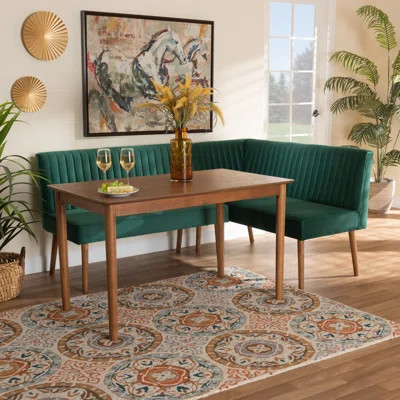 Frederickson Alvis Mid-Century Modern Emerald Green Velvet Upholstered And Walnut Brown Finished Wood 3-Piece Dining Nook Set | Wayfair North America