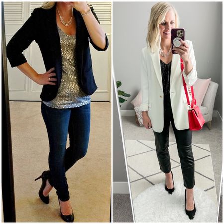 What I wore then vs. What I wore now. Updating a holiday outfit that I wore in 2014! 
Blazer- H&M, sold out, linked similar || sequin shirt- Target, sold out, linked similar || pants- 2/short || shoes- thrifted, linked similar 

#LTKfindsunder100 #LTKHoliday #LTKstyletip