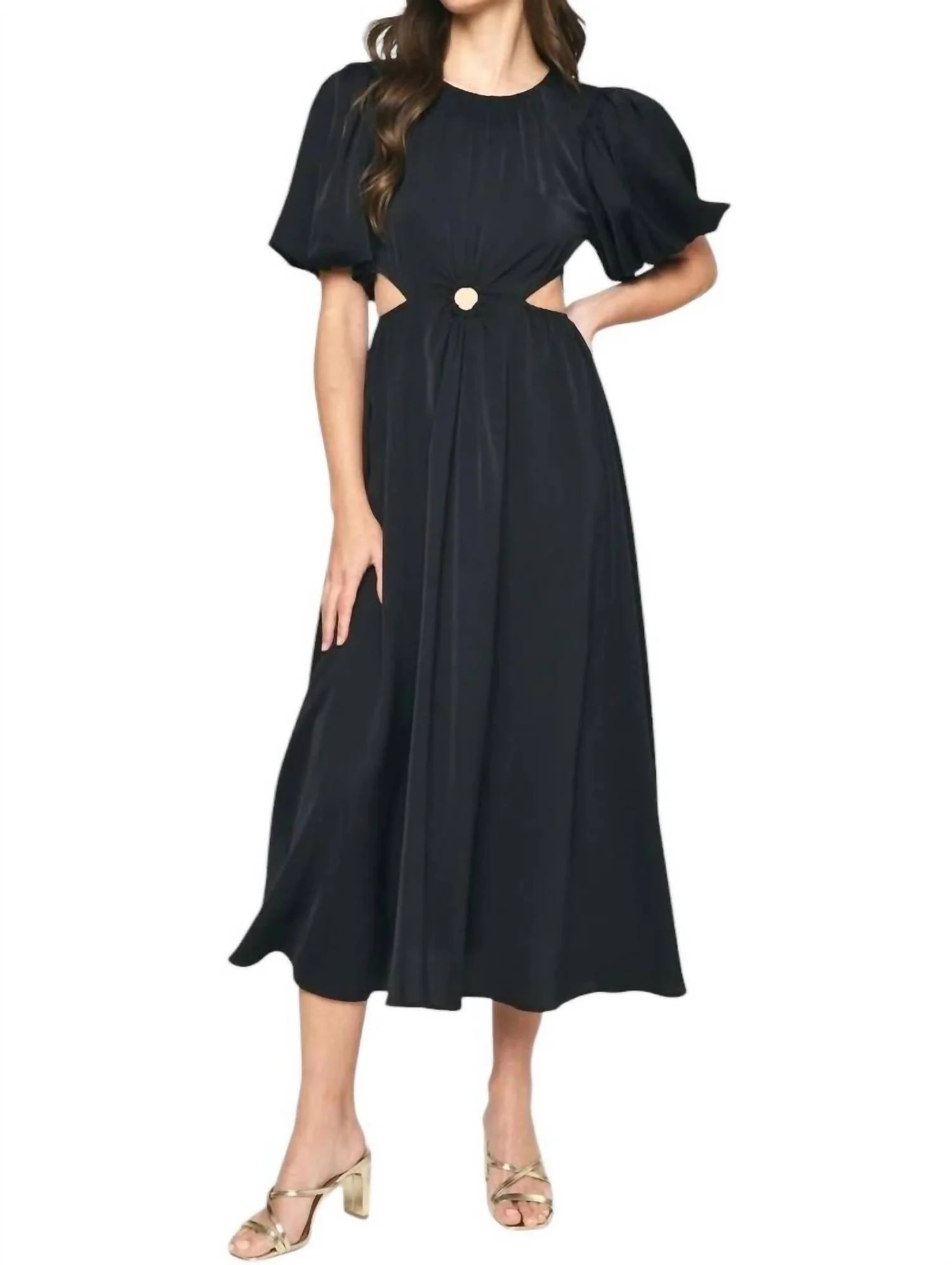 Sade Sides Cut-Outs Puff Sleeves Maxi Dress In Black | Shop Simon