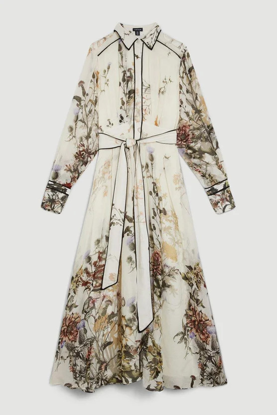 Viscose Floral Border Woven Shirt Midi Dress | Karen Millen US