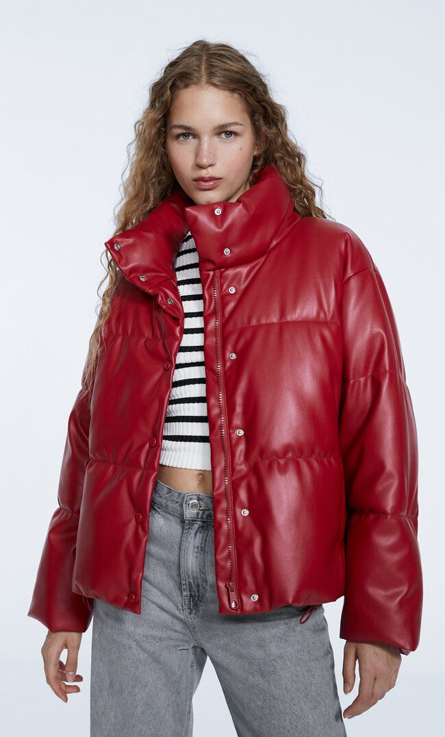 Faux leather puffer jacket - Women's fashion | Stradivarius United Kingdom | Stradivarius (UK)