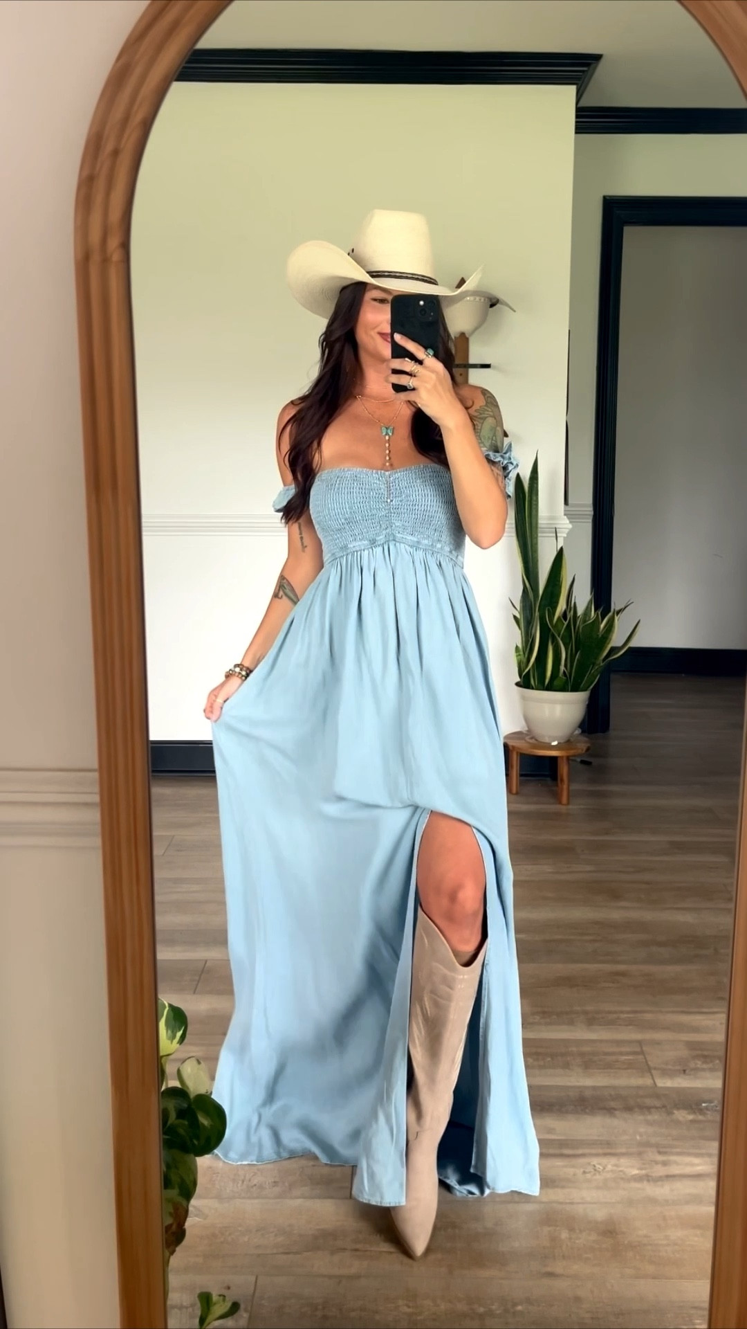 Blue chambray maxi dress with middle slit is only available in size small & medium now! I’m wearing size small. Would make a great maternity dress! Code LORI to save on tan boots 

#LTKootd #LTKgrwm #LTKSeasonal