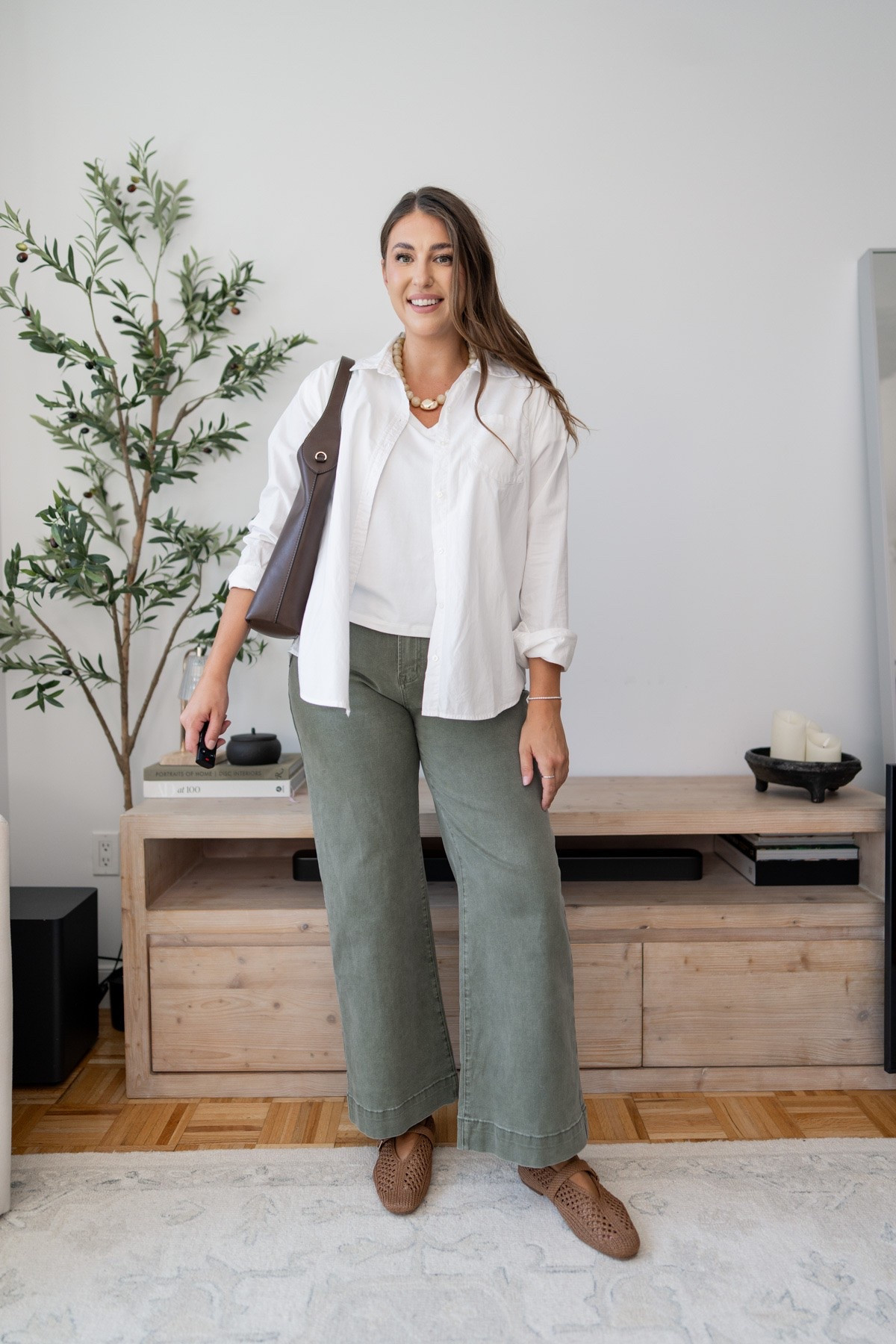 An easy neutral outfit you’ll wear on repeat. Olive wide-leg pants, a crisp white button-down, and woven flats create an effortless look that’s perfect for everyday errands, travel, or casual lunches.

olive pants outfit, white button down, neutral outfit, wide leg pants, woven flats, casual chic, effortless style, everyday outfit, capsule wardrobe, travel outfit, fall transition style, minimalist fashion, amazon fashion, elevated basics, coastal casual

#LTKootd #LTKdayinmylife #LTKmomlife