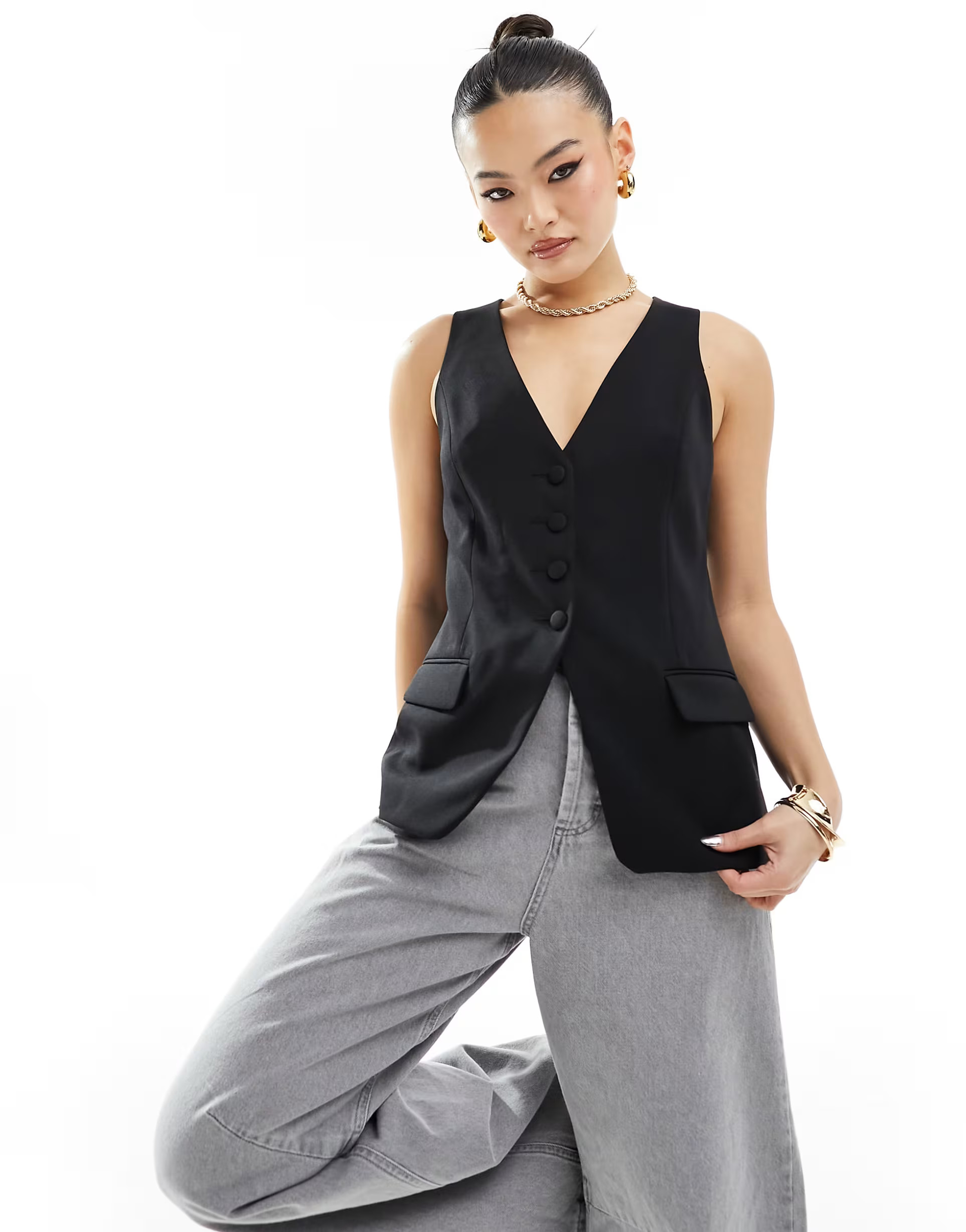 River Island fitted longline waistcoat in black | ASOS (Global)