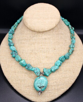 Turquoise Pendant Chunky Nugget Beaded Vintage Necklace Silver Clasp Findings | eBay US