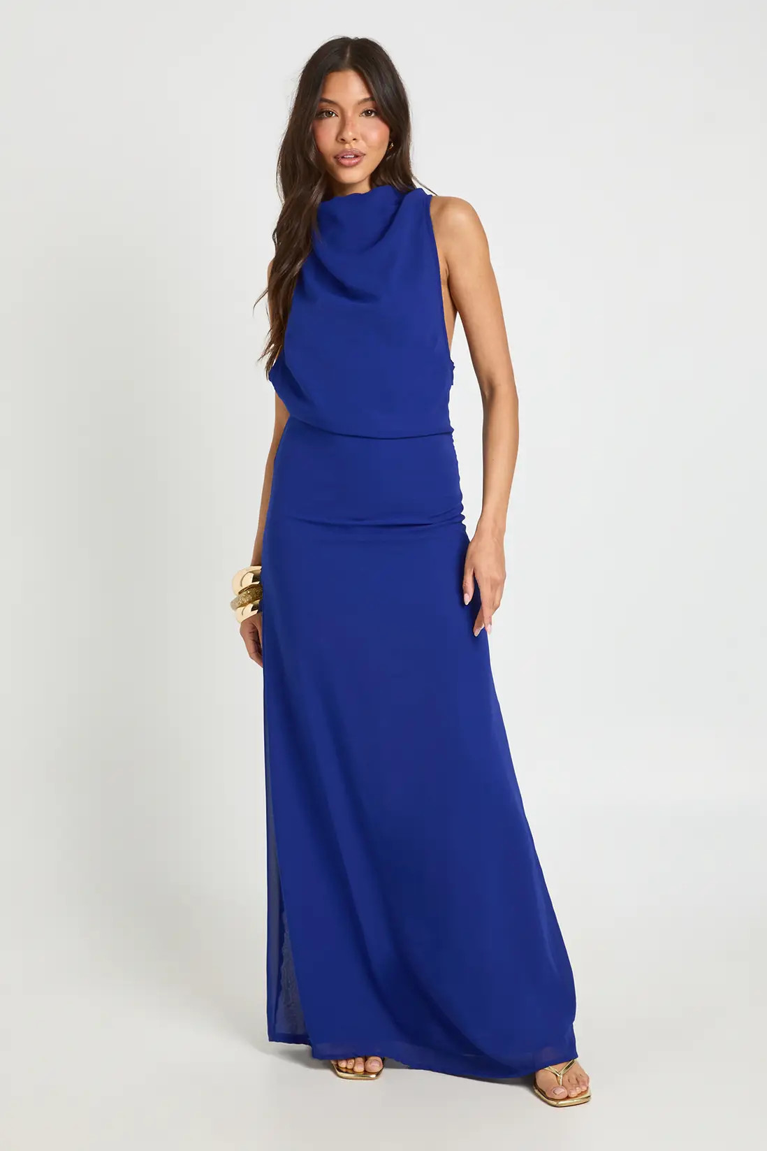Cobalt Chiffon High Cowl Neck Open Back Maxi Dress | Boohoo | Boohoo.com (UK & IE)