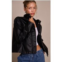 Black Faux Leather Funnel Neck Jacket | PrettyLittleThing US