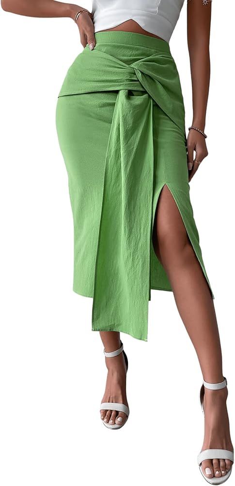 Amazon.com: SweatyRocks Women's Casual High Waisted Tie Front Skirt Boho Split Pencil Midi Skirts... | Amazon (US)