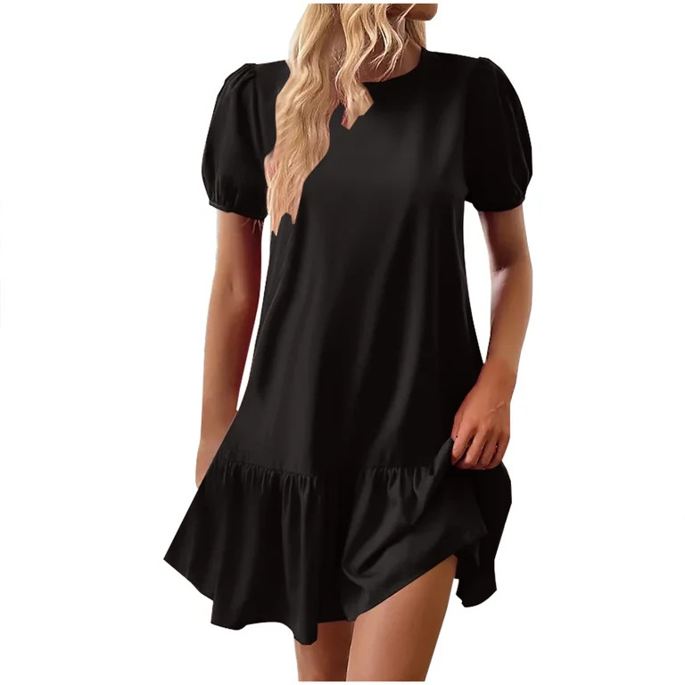 FRSASU Women's Elegant Midi Dresses Fashion Ruffled Hem Puff Sleeves Loose Comfy Mini Dress Summe... | Walmart (US)