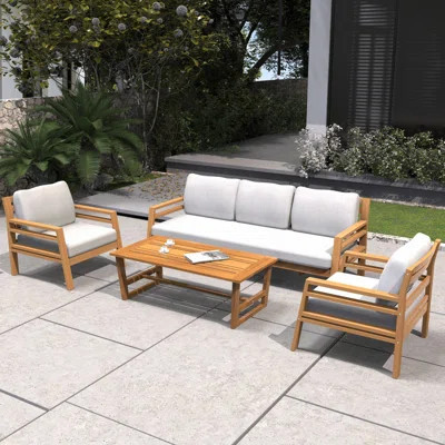 Oketa Acacia Wood 4-Piece Patio Conversation Set With Cushions | Wayfair North America
